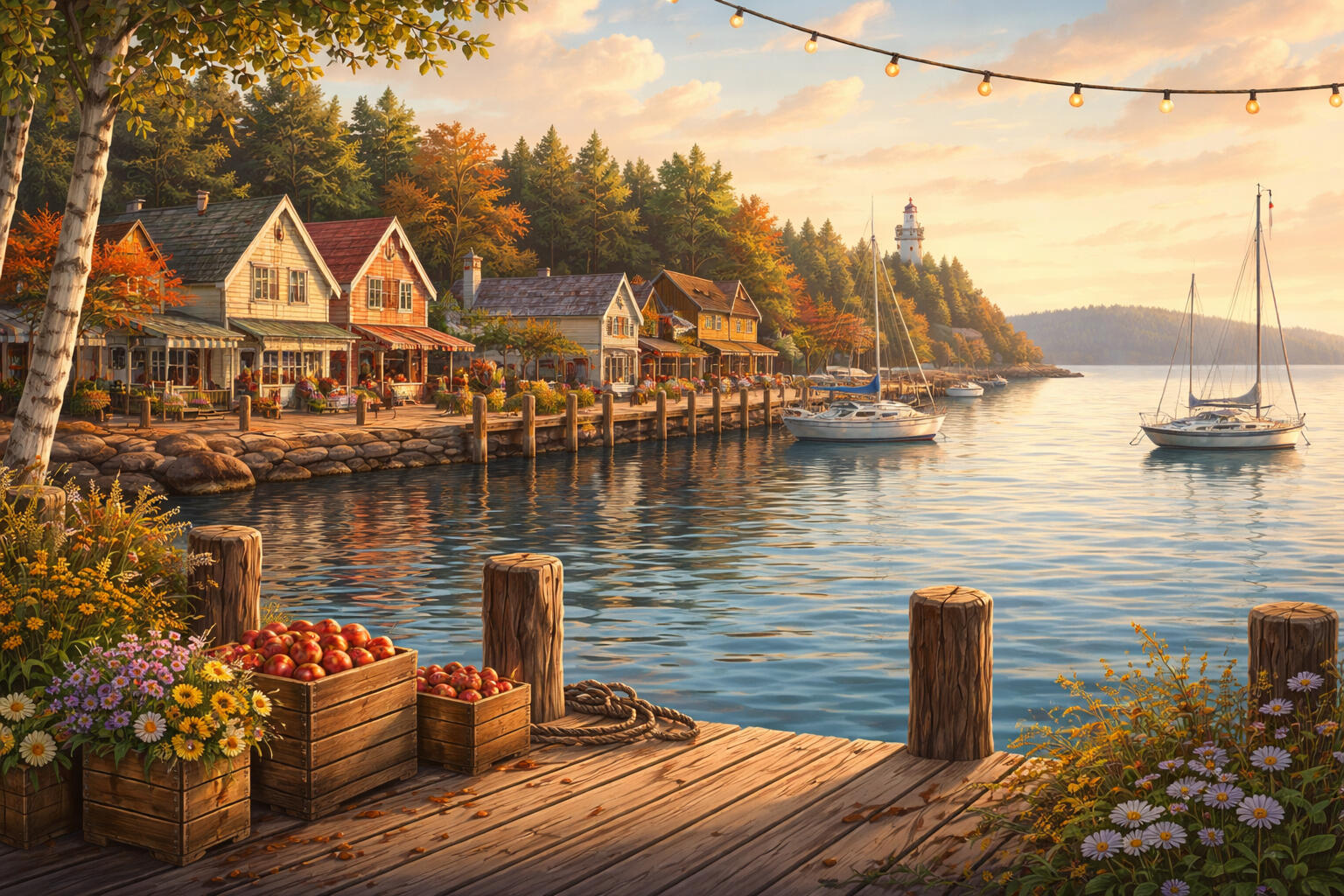 bayfield-wisconsin-lakeside-village-sunset-waterfront Warm sunset over a lakeside scene in Bayfield, Wisconsin, with colorful waterfront cottages, a wooden dock lined with apples and flowers, sailboats reflecting on calm water, and a lighthouse on a forested hill in the distance.