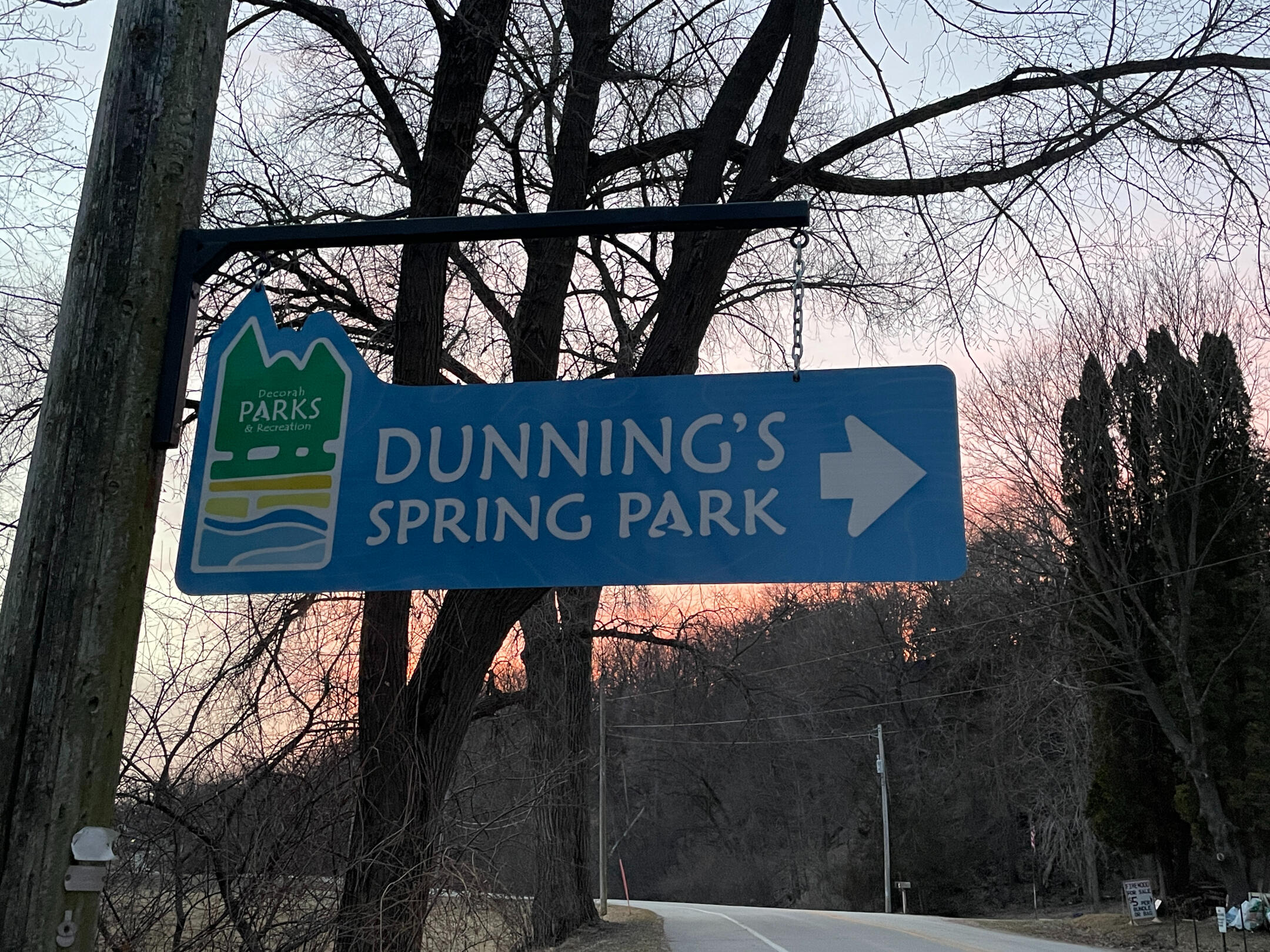 dunnings-spring-park-directional-sign-decorah Blue Dunning’s Spring Park sign with an arrow pointing right beside a wooded roadside in Decorah.